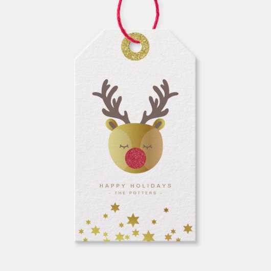 Schattige rendier | Fun Christmas White & Gold Min Cadeaulabel (Voorkant)