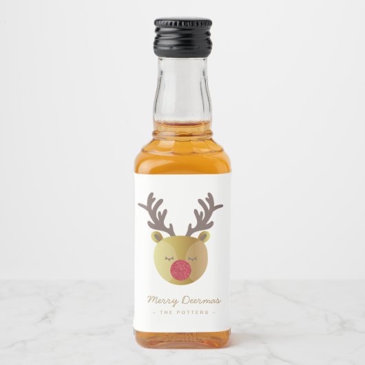 Schattige rendier | Fun Christmas Wit & Goud Likeurfles Etiket (Voorkant)