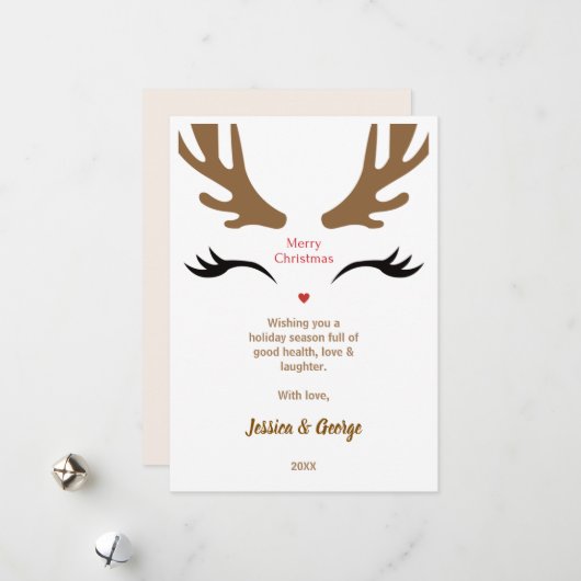 Schattige rendier gezicht moderne vrolijke kerst feestdagenkaart (Voorkant / Achterkant in situ)