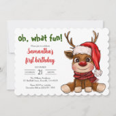 Schattige rendier kerst eerste verjaardagsfeestje kaart (Voorkant)