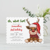 Schattige rendier kerst eerste verjaardagsfeestje kaart (Staand voorkant)