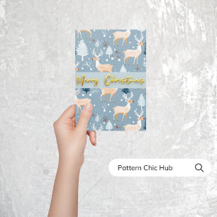 Schattige rendier kerst sneeuwvlok modern blauw feestdagen kaart