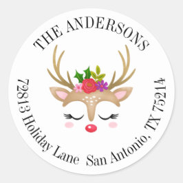 Schattige rendier kerstadreslabel ronde sticker