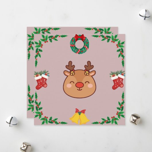 Schattige Rendier Kerstkaart – Roze & Feestelijk (Voorkant / Achterkant in situ)