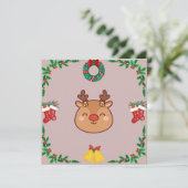 Schattige Rendier Kerstkaart – Roze & Feestelijk (Staand voorkant)