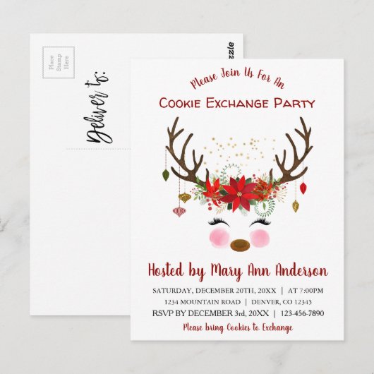 Schattige rendier Kerstmis Cookie Exchange Party Briefkaart (Voorkant / Achterkant)