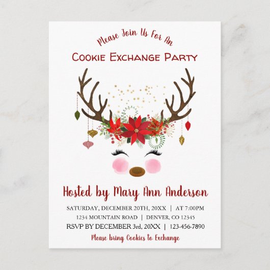 Schattige rendier Kerstmis Cookie Exchange Party Briefkaart (Voorkant)
