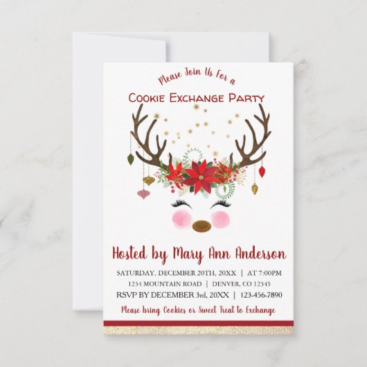 Schattige rendier Kerstmis Cookie Exchange Party Kaart (Voorkant)