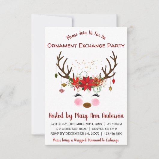 Schattige Rendier Kerstmis Ornament Exchange Party Kaart (Voorkant)