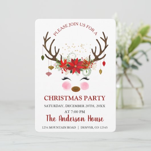 Schattige rendier kerstvakantie diner feest kaart (Staand voorkant)