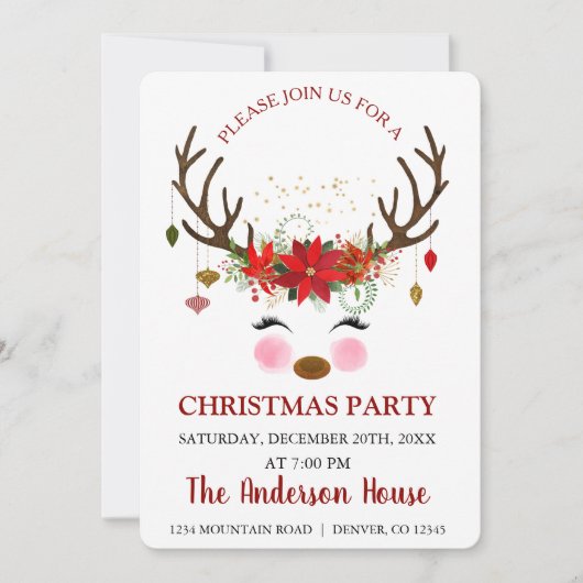 Schattige rendier kerstvakantie diner feest kaart (Voorkant)