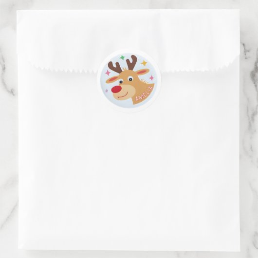 Schattige Rendier Kind Naam Kerstcadeau Ronde Sticker (Tas)
