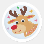 Schattige Rendier Kind Naam Kerstcadeau Ronde Sticker (Voorkant)