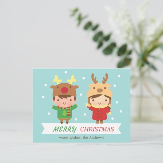 Schattige rendier Kinder vrolijke kerstgroet Feestdagenkaart (Staand voorkant)