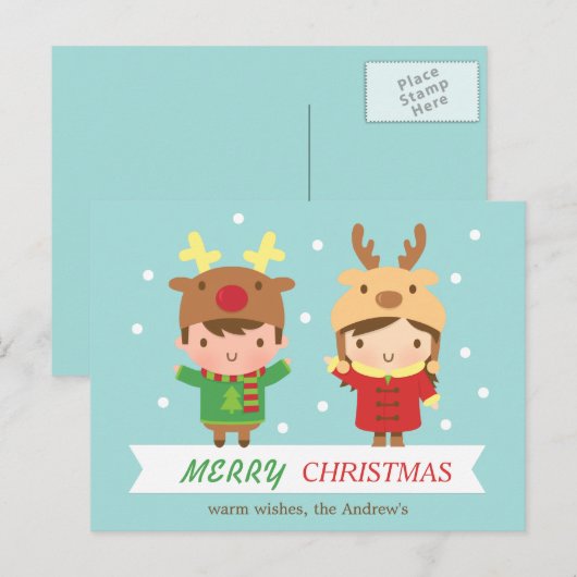 Schattige rendier Kinder vrolijke kerstgroet Feestdagenkaart (Voorkant / Achterkant)
