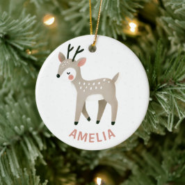 Schattige Rendier Kindernaam Kerstmis Keramisch Ornament