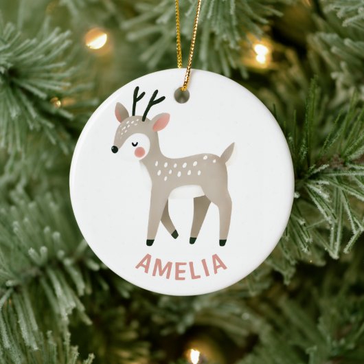 Schattige Rendier Kindernaam Kerstmis Keramisch Ornament (Boom)