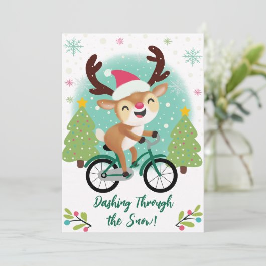 Schattige rendier op een groene fiets kerst Kaart (Staand voorkant)
