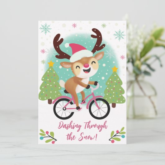 Schattige rendier op een roze fiets kerst Kaart (Staand voorkant)
