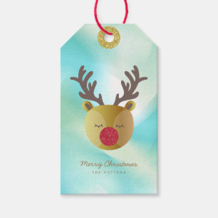 Schattige rendier   Pastel Groen Gradiënt & Goud Cadeaulabel