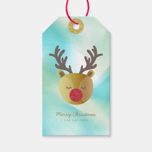 Schattige rendier | Pastel Groen Gradiënt & Goud Cadeaulabel (Voorkant)