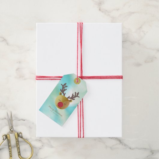 Schattige rendier | Pastel Groen Gradiënt & Goud Cadeaulabel (Met Touw)