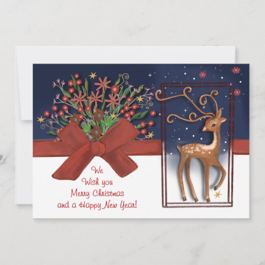 Schattige Rendier Red Bow Blauw & Wit Feestdagenkaart (Voorkant)