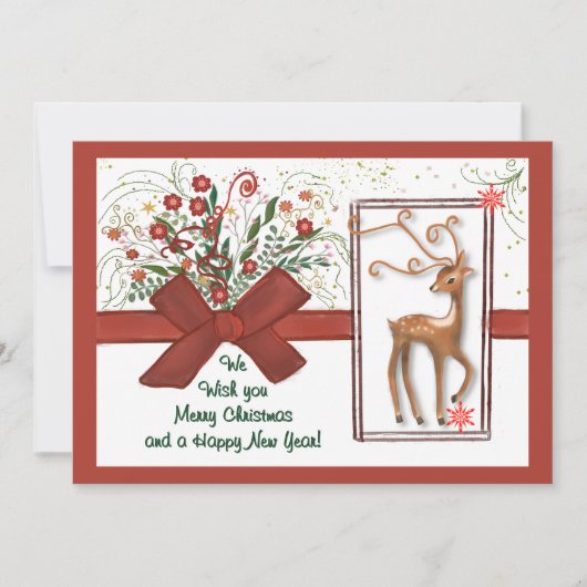 Schattige Rendier Red Bow Wit Roze Terug Feestdagenkaart (Voorkant)