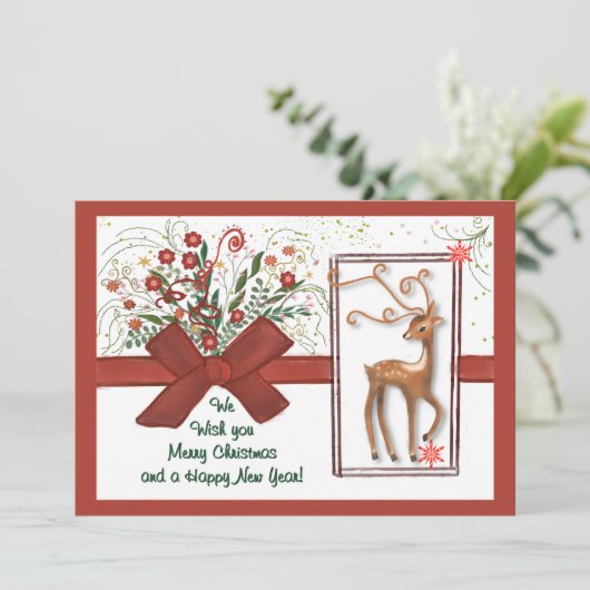 Schattige Rendier Red Bow Wit Roze Terug Feestdagenkaart (Staand voorkant)