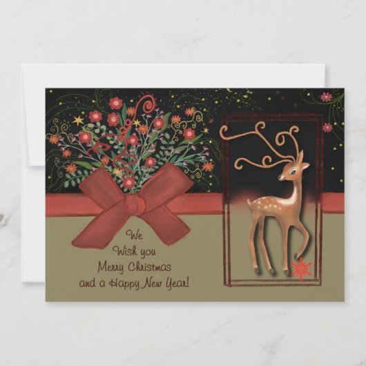 Schattige Rendier Red Bow Zwart & Goud Feestdagenkaart (Voorkant)