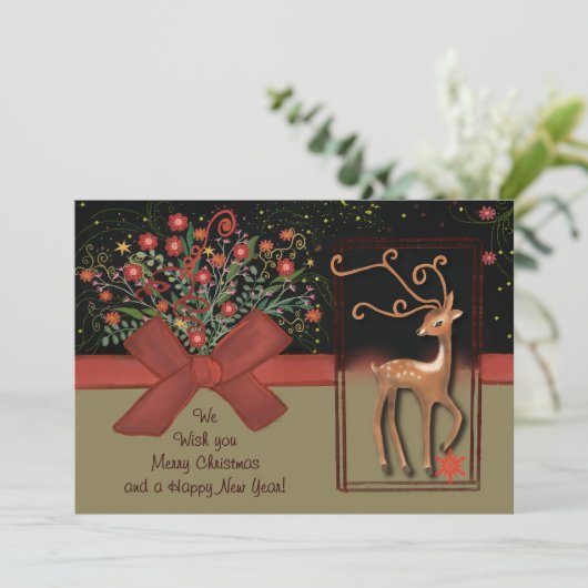 Schattige Rendier Red Bow Zwart & Goud Feestdagenkaart (Staand voorkant)
