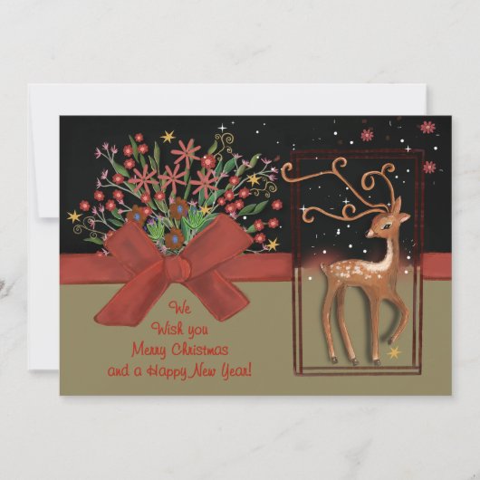 Schattige Rendier Red Bow Zwart & Goud Feestdagenkaart (Voorkant)