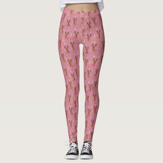 Schattige rendier roze kerstpyjamabroek leggings (Voorkant)