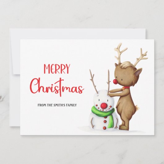 Schattige rendier-sneeuwman vrolijk kerstfeest feestdagenkaart (Voorkant)