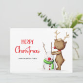 Schattige rendier-sneeuwman vrolijk kerstfeest feestdagenkaart (Staand voorkant)