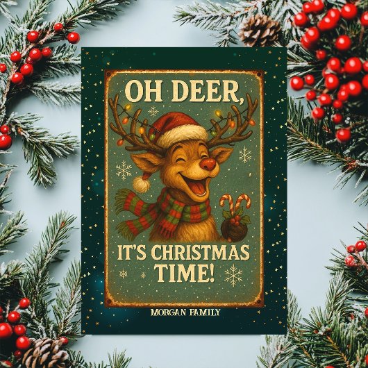  Schattige Rendier Sneeuwvlokken Groen Feestdagen Kaart