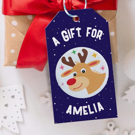 Schattige rendier sneeuwvlokken kind naam kerst cadeaulabel