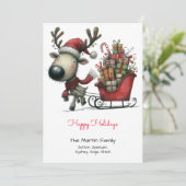 Schattige rendier trekt een slee van geschenken Ha Feestdagenkaart (Staand voorkant)