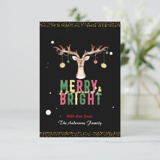 Schattige rendier vrolijk & helder kerstornamenten kaart (Staand voorkant)