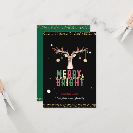 Schattige rendier vrolijk & helder kerstornamenten kaart (Voorkant / Achterkant in situ)
