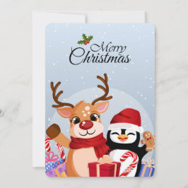 Schattige rendieren en pinguïn met kerstcadeaus feestdagenkaart