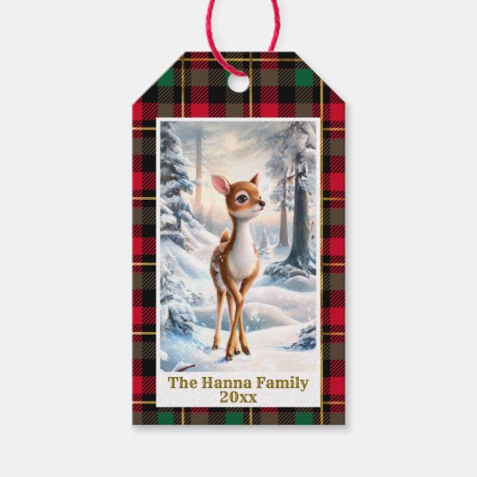 Schattige rendieren in het winterbos Kerstmis Cadeaulabel (Voorkant)