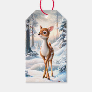 Schattige rendieren in het winterbos Kerstmis Cadeaulabel