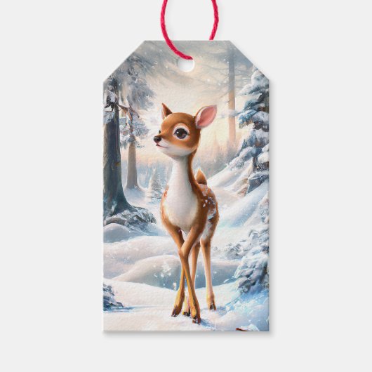 Schattige rendieren in het winterbos Kerstmis Cadeaulabel (Voorkant)