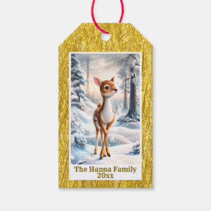 Schattige rendieren in het winterbos Kerstmis Cadeaulabel