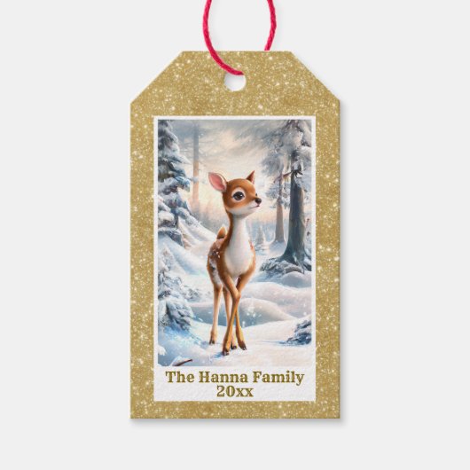 Schattige rendieren in het winterbos Kerstmis Cadeaulabel (Voorkant)