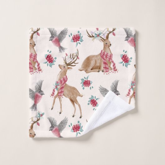 Schattige rendieren, vogels, bloemen bad handdoek (Wasdoekje)