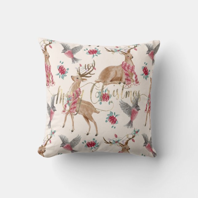Schattige rendieren, vogels, bloemen kussen (Voorkant)