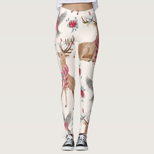 Schattige rendieren, vogels, bloemen leggings (Voorkant)