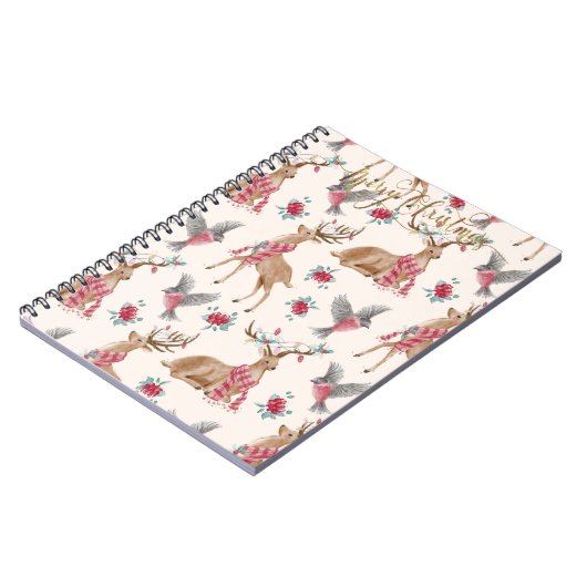 Schattige rendieren, vogels, bloemen. notitieboek (Linkerzijde)